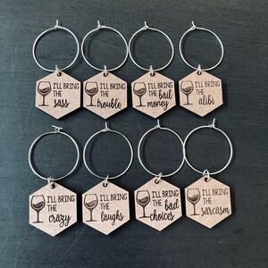 NWT 8-pc Funny Wood Wine Glass Charms